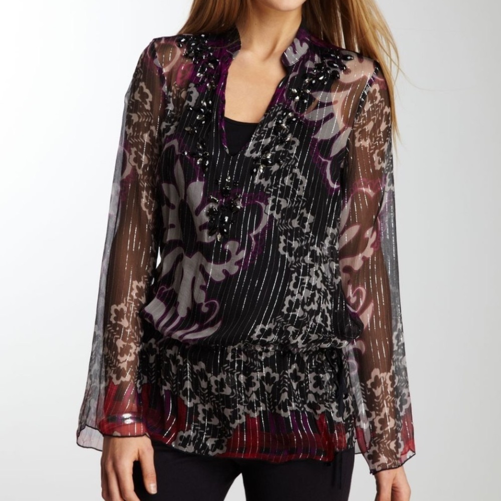 Hale Bob Metallic Floral Tunic Sheer Silk Size M